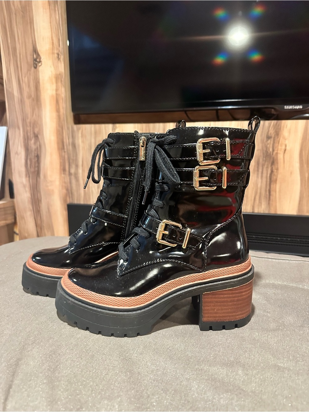 Jessica Simpson Black Patent Lace-Up Buckle Ankle Boots with Brown Trim